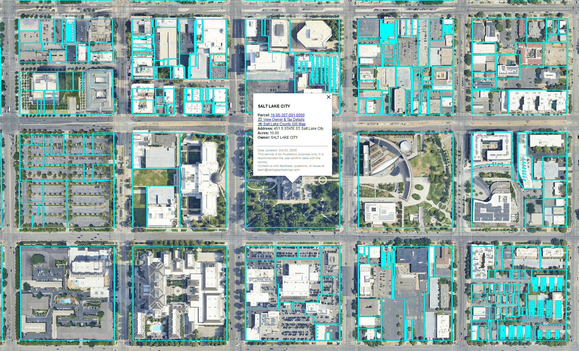 Google Earth Pro showing Utah parcel boundaries with ownership and property data overlays